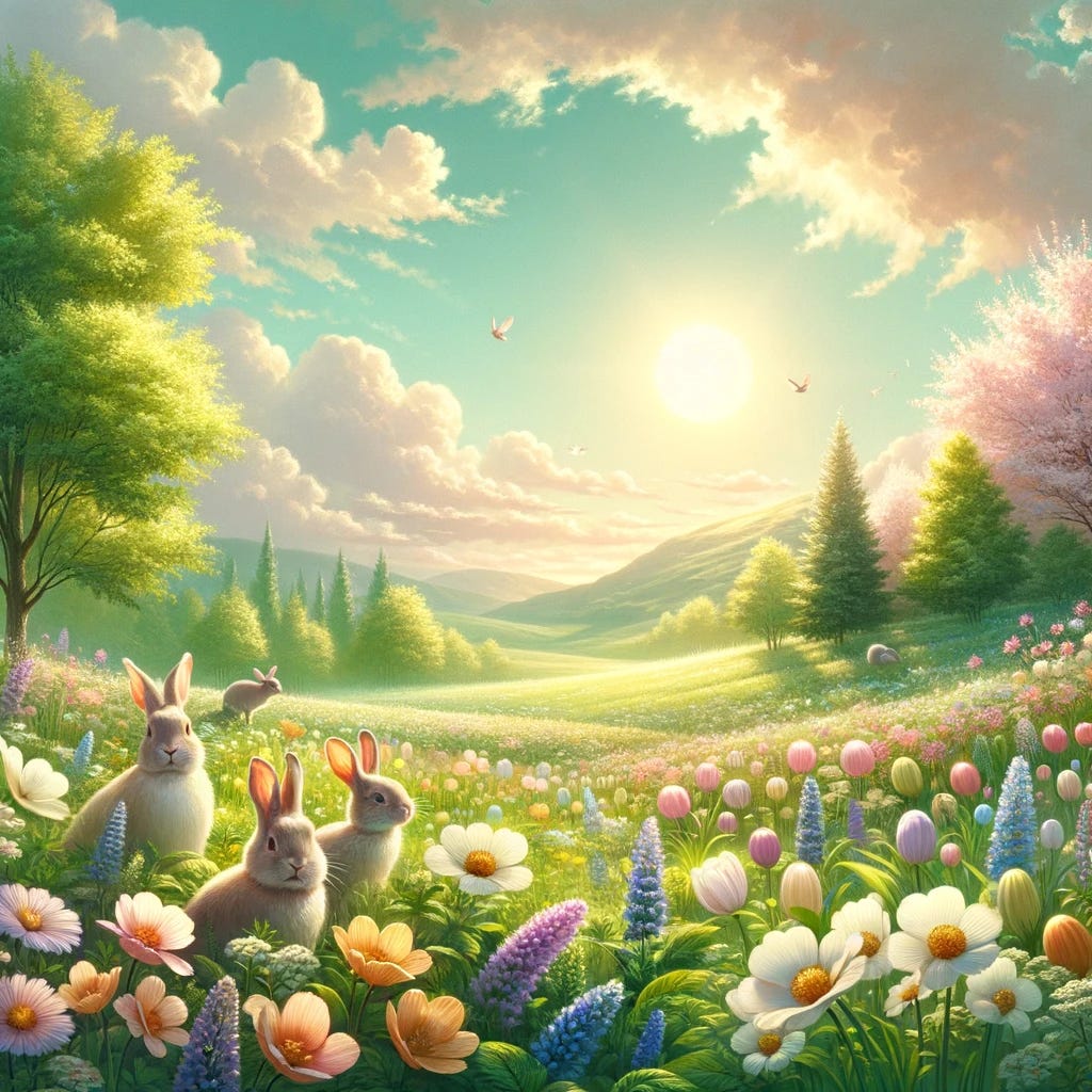 Create an image that encapsulates the themes of emergence, renewal, and the joy of spring as described. Imagine a lush meadow or a field of flowers under a clear, bright sky, with bunnies frolicking amidst the foliage. The sun should be prominent in the sky, casting a warm, inviting light over the scene. This picture should be filled with pastel greens and other soft, spring-like colors, reflecting the freshness and new beginnings associated with the season. The composition should convey a sense of warmth, joy, and the bustling life that spring brings, symbolizing the ultimate comeback of sunlight and the end of winter's harshness.