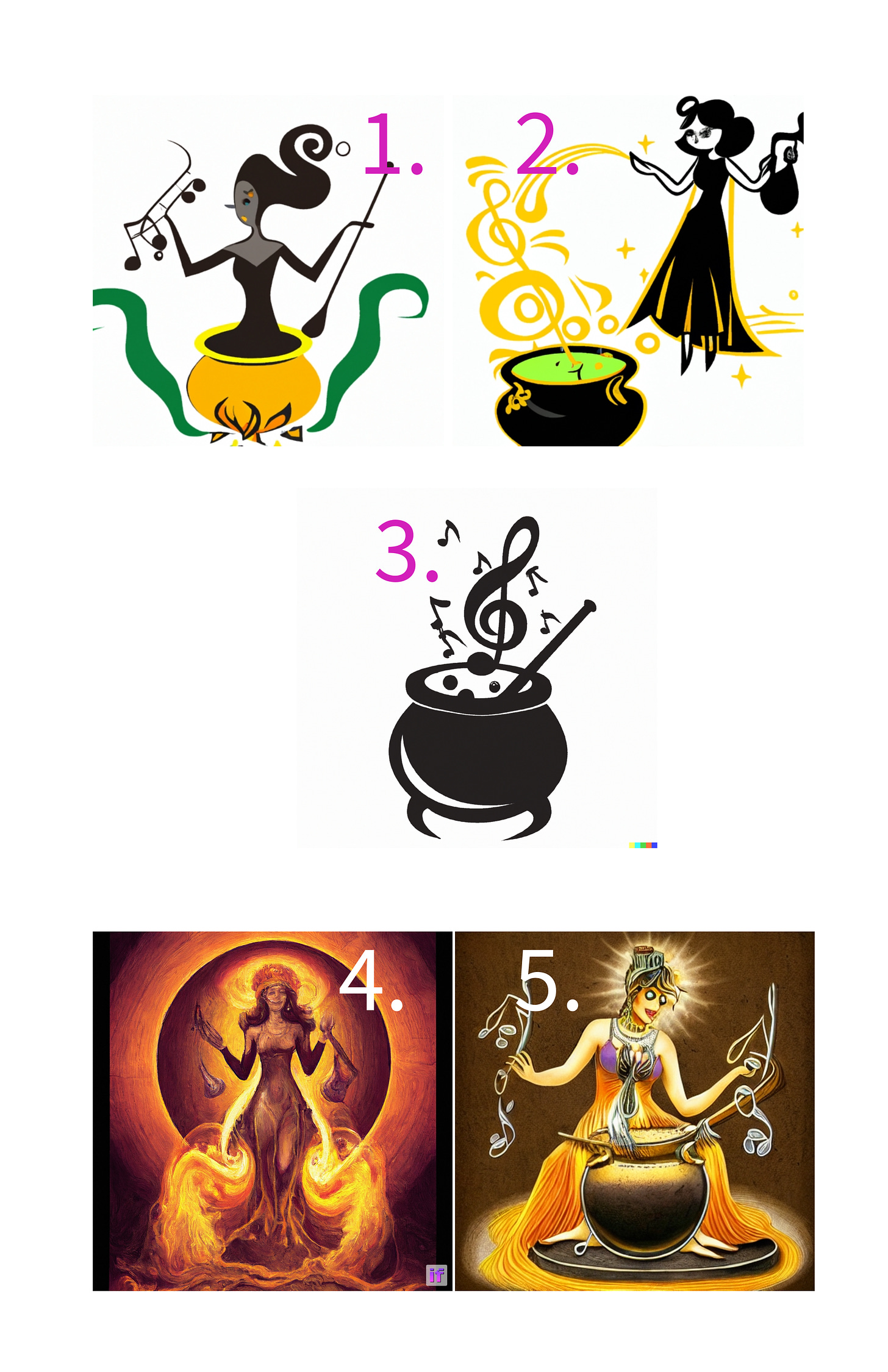 The top two and the bottom two of the logos are all witches conjuring up something in a cauldron with musical notes coming out of it. The one in the middle is just a cauldron with musical notes coming out of it.