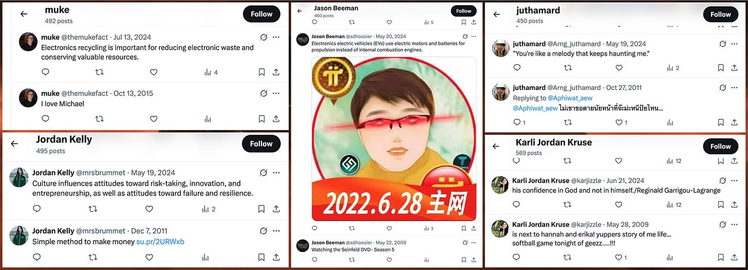 six examples of accounts from the network with multi-year gaps in their posting history