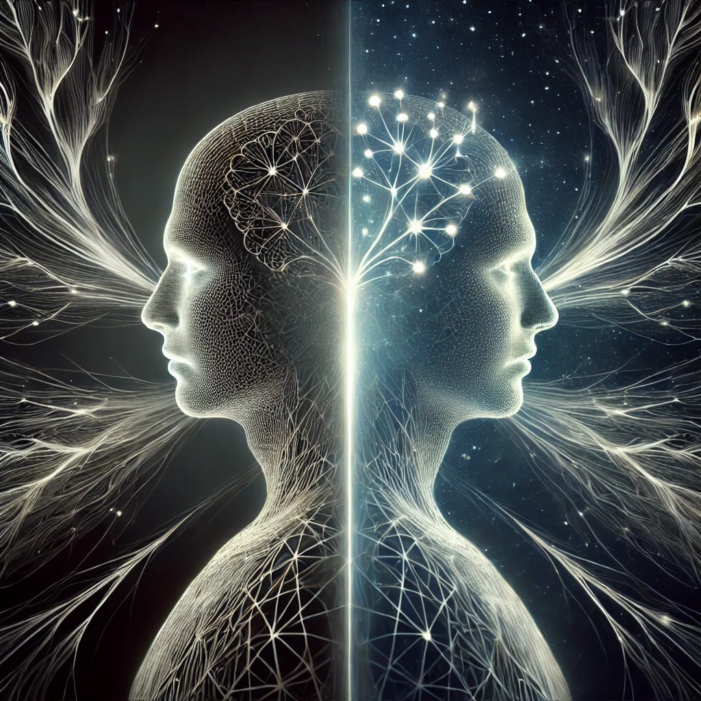 A futuristic abstract representation of consciousness as two distinct yet interconnected entities: the 'Observer' and the 'Observed.' The image should depict a sleek, high-tech design with a glowing neural network branching out between two mirrored figures, symbolizing a split consciousness. One figure, representing the 'Observer,' appears slightly more detached and analytical, while the 'Observed' seems more fluid and intertwined with a flowing, ever-changing environment. The backdrop features dark space with soft, glowing lines connecting the two figures, illustrating the constant interaction between them, set in a digital, cybernetic style.