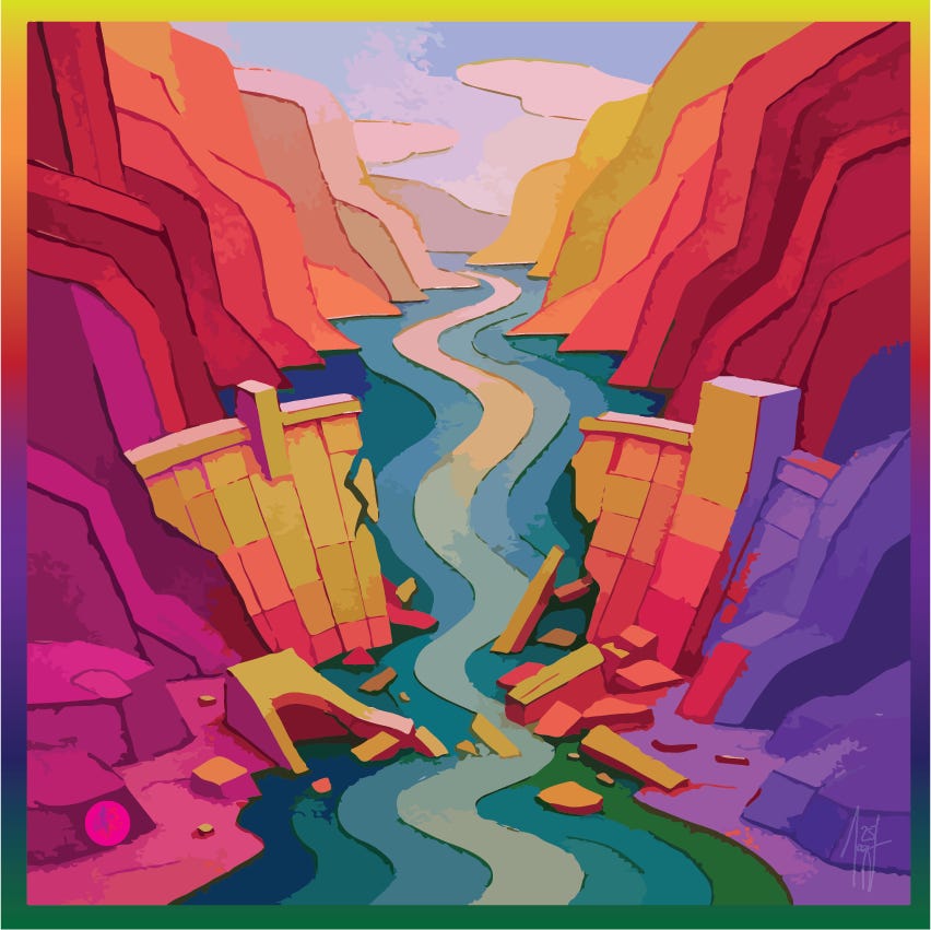 A digital illustration of a canyon landscape with a flowing river, featuring a dismantled dam with angular, geometric shapes. The artwork uses a bold, flat color palette with a painterly texture. A digital illustration of a canyon landscape with a flowing river, featuring a dismantled dam with angular, geometric shapes. The artwork uses a bold, flat color palette with a painterly texture.