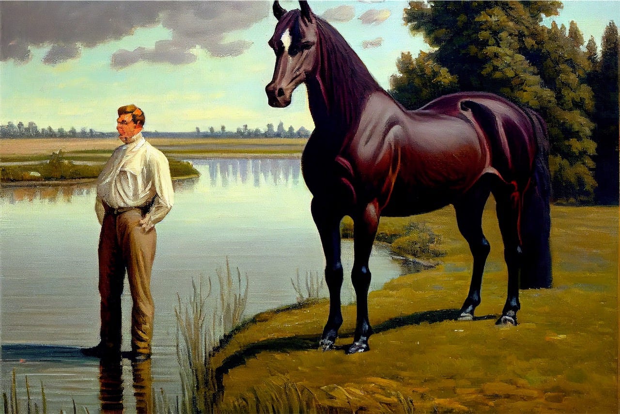 A man stands in the water. The horse ignores the water.