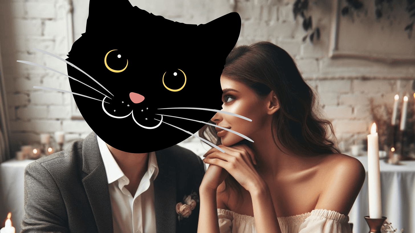Image of cat humanoid character and woman on a date
