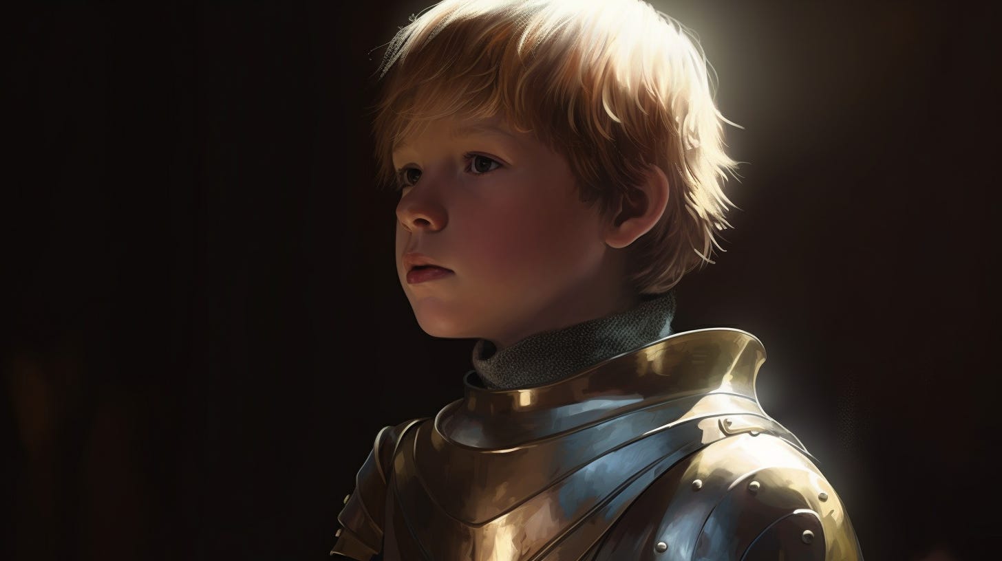 Photo of a backlit child wearing armor.