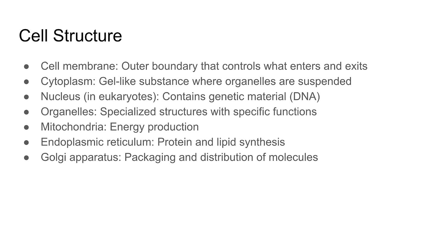 An auto-generated slide that's just a header and bullet points about cell structure.