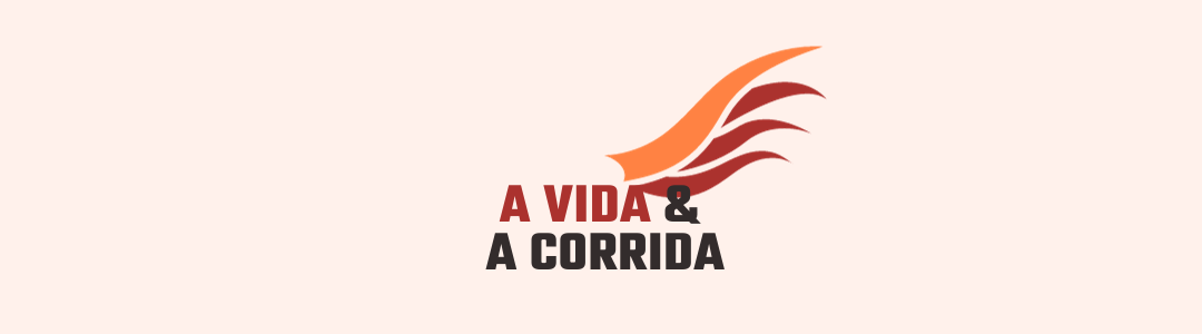 Logotipo com "A vida e a corrida" e uma asa ao fundo nas cores laranja e vermelho