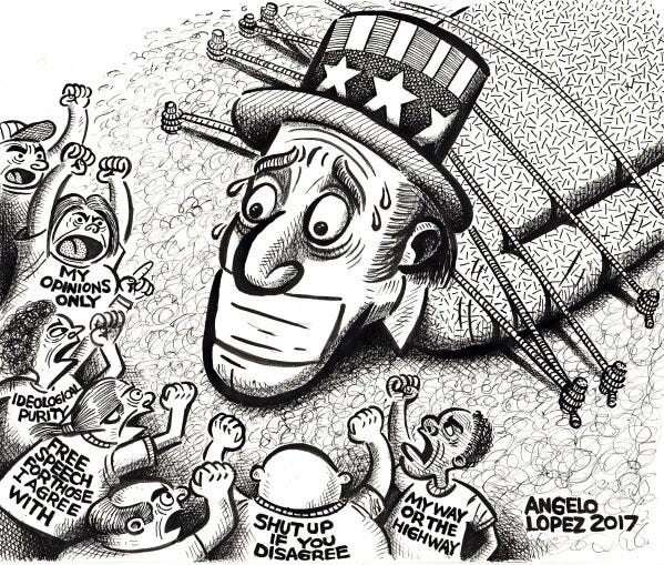 
              This image provided by Angelo Lopez shows “My Opinions Only,” by editorial cartoonist Angelo Lopez,  that is one of dozens of political cartoons focusing on the First Amendment in a new exhibit, “Front Line: Editorial Cartoonists and the First Amendment” at Ohio State University’s Billy Ireland Cartoon Library & Museum in Columbus, Ohio. The display runs the gamut from a 1774 cartoon by Paul Revere criticizing Britain’s use of tea as a political weapon to a 2018 cartoon lampooning the blocking of online conservative commentary.  (Angelo Lopez via AP)
            