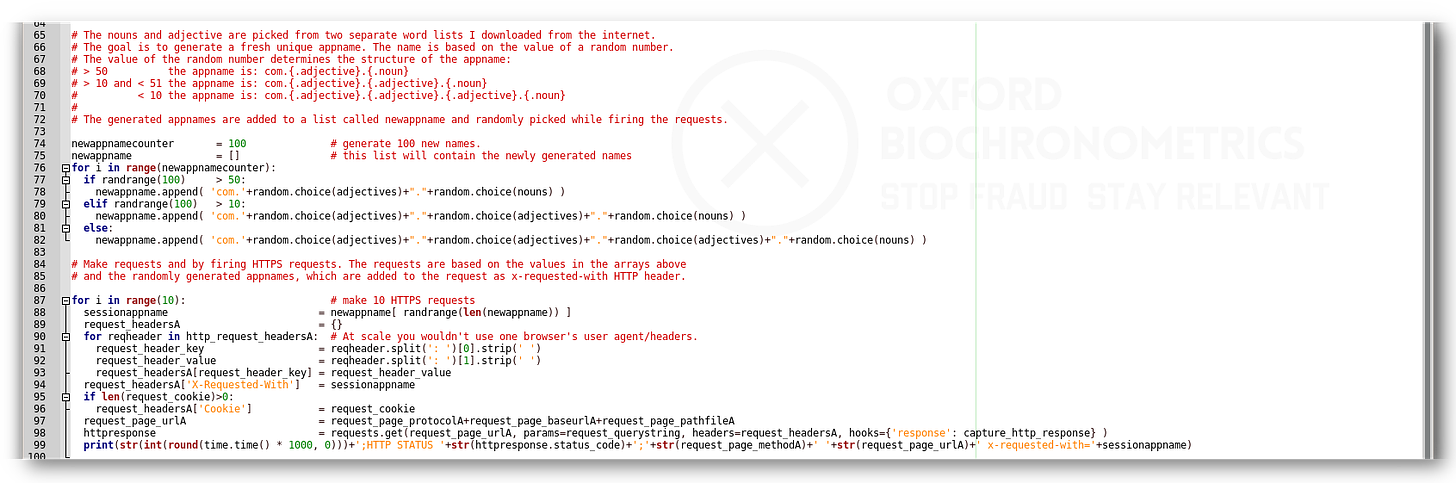 Figure 5: Python source code. The code snippet shows the generation of fake appnames and the generation, firing and logging of the HTTP(s) requests