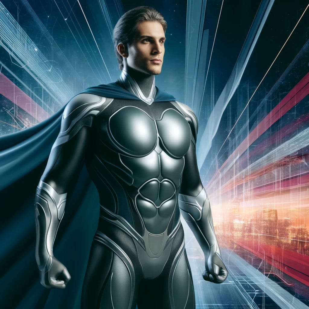 A superhero in a sleek and modern suit, standing confidently with a determined look. The superhero has a strong build, wearing a suit that blends high-tech elements and traditional heroic aesthetics, with a cape flowing in the wind. The background is dynamic and vibrant, possibly featuring a city skyline or an abstract representation of energy and power. The superhero embodies the spirit of a confident and strategic investor.