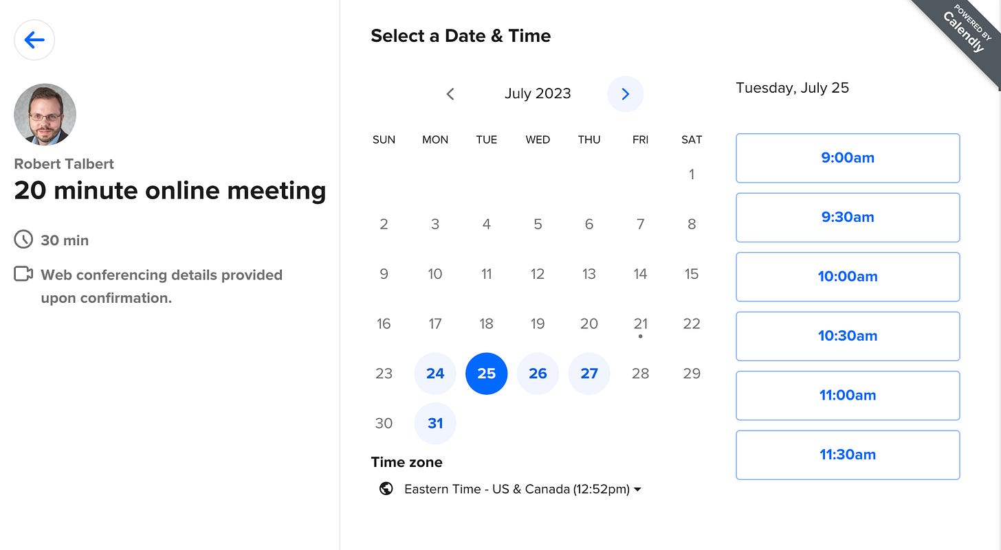 Talbert's calendly page for 20-minute online meetings