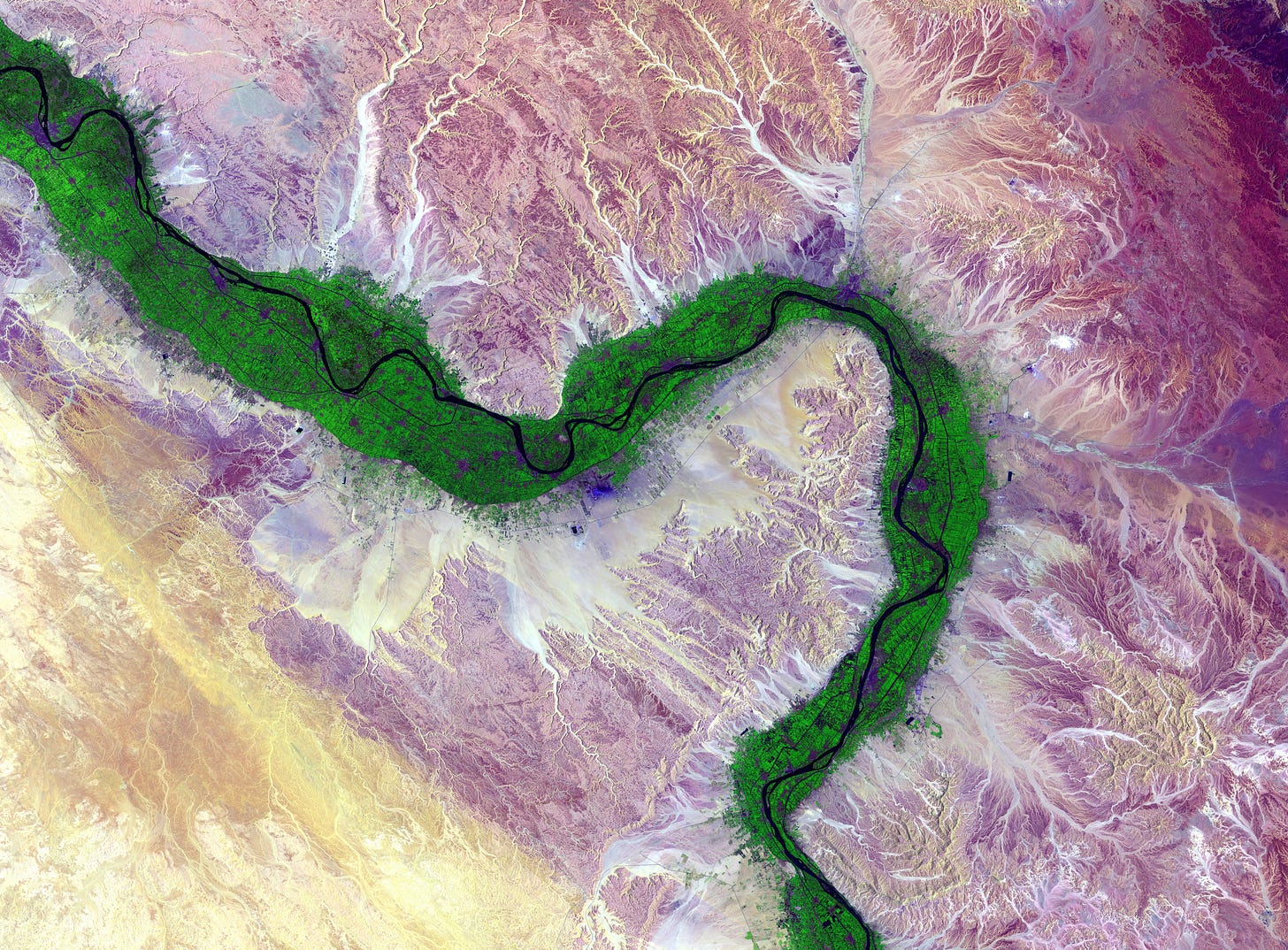 Satellite image of River Nile, beautiful in dark green, purple, pale yellow and white