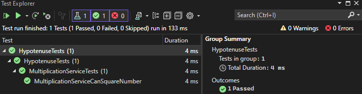 The Visual Studio Test Explorer, showing a passing unit test