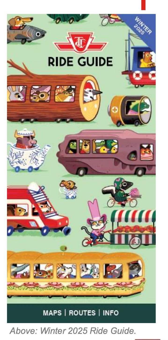 Illustration of the new TTC Ride Guide cover featuring a Richard Scarry-inspired design. The cover includes whimsical depictions of streetcars, buses, pedestrians, and cyclists navigating a colorful Toronto streetscape