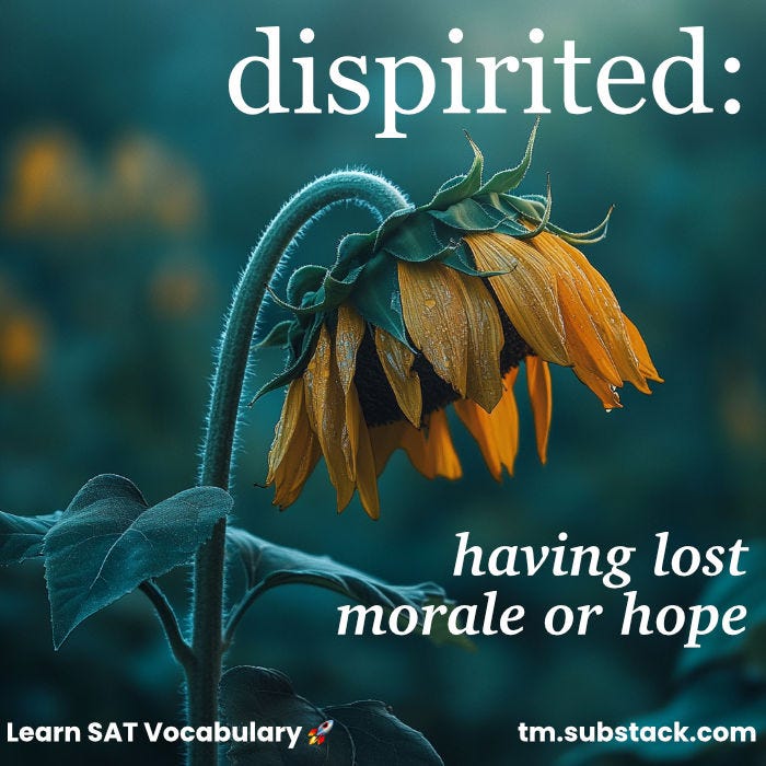 Illustration of a wilting sunflower with drooping petals; used to illustrate the SAT word 'dispirited'.