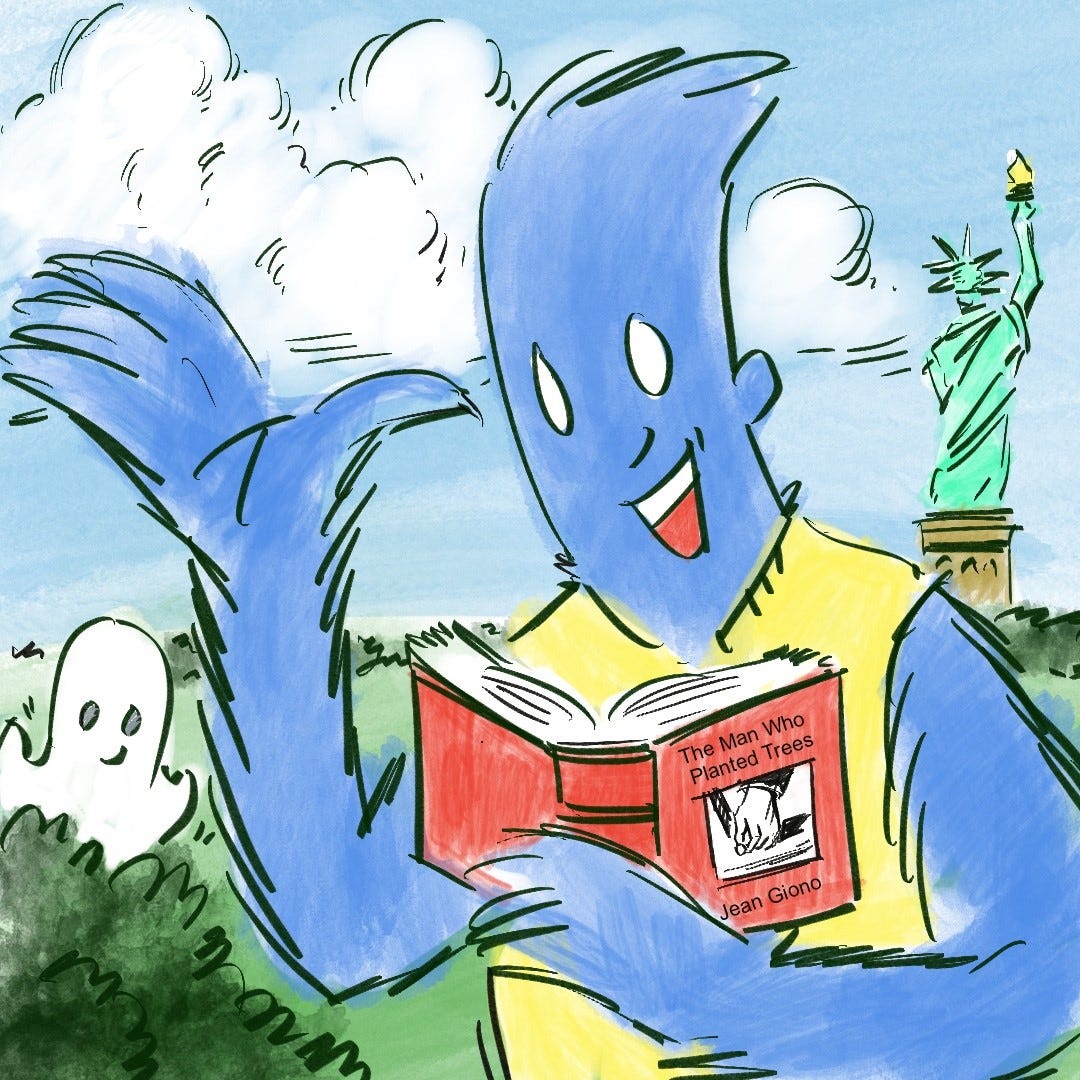 Drawing of the JC Bigfoot smiling, with a ghost to his left and the Statue of Liberty to the right. He is reading a book titled "The Man Who Planted Trees."