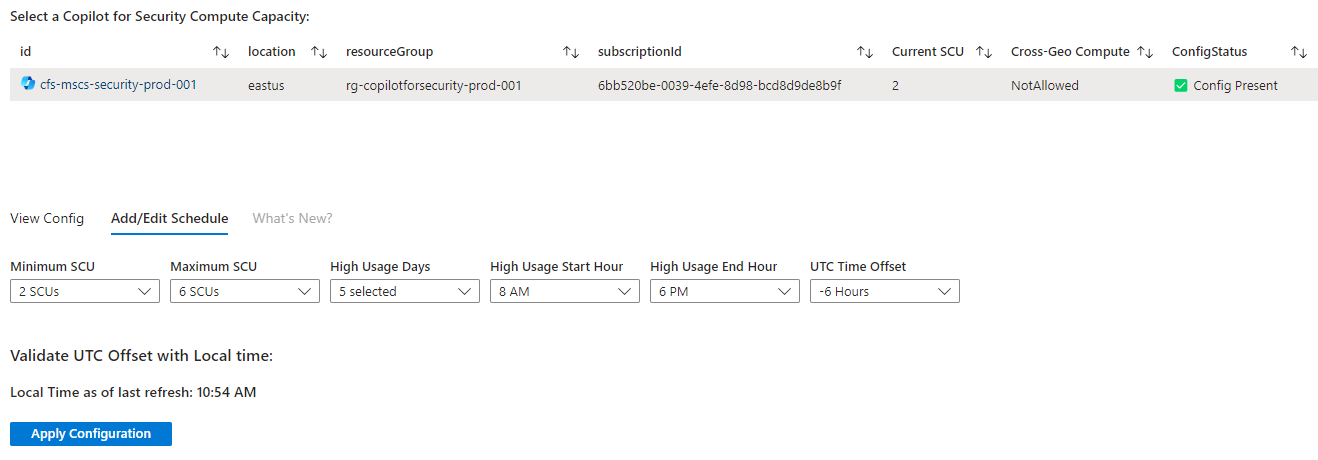 A screenshot showing the edit tab of the solution, dropdowns display min, max SCUs, high usage days and times.