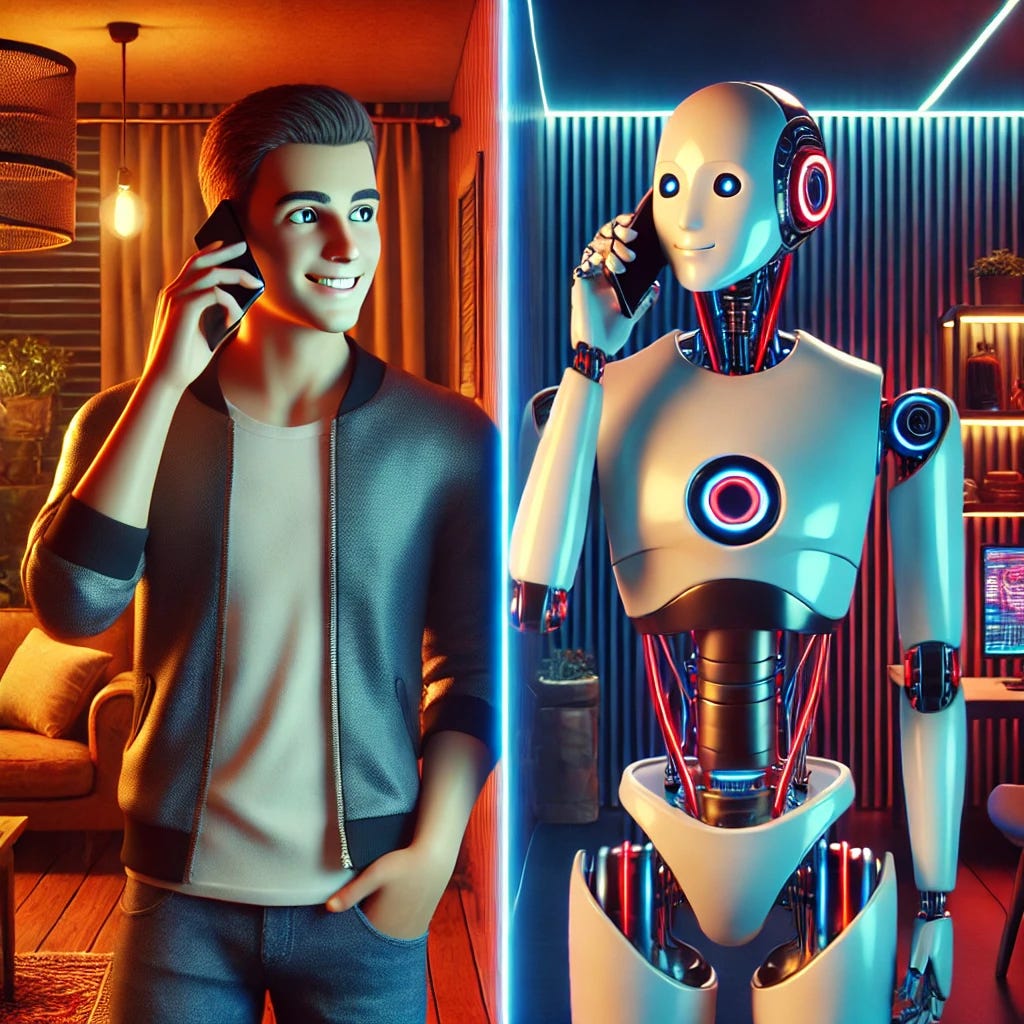 A full human on the left side and a full robot on the right side, both holding phones and talking to each other. The human stands in a cozy home environment, with warm lighting, wooden furniture, and a comfortable atmosphere. The robot stands in a sleek, futuristic high-tech space with neon lights and metallic elements. The human is realistic but with slightly animated features, smiling and expressive. The robot is a modern, humanoid design with a friendly digital face and expressive eyes. The style blends animated and realistic elements, with vibrant and contrasting colors between the two sides.