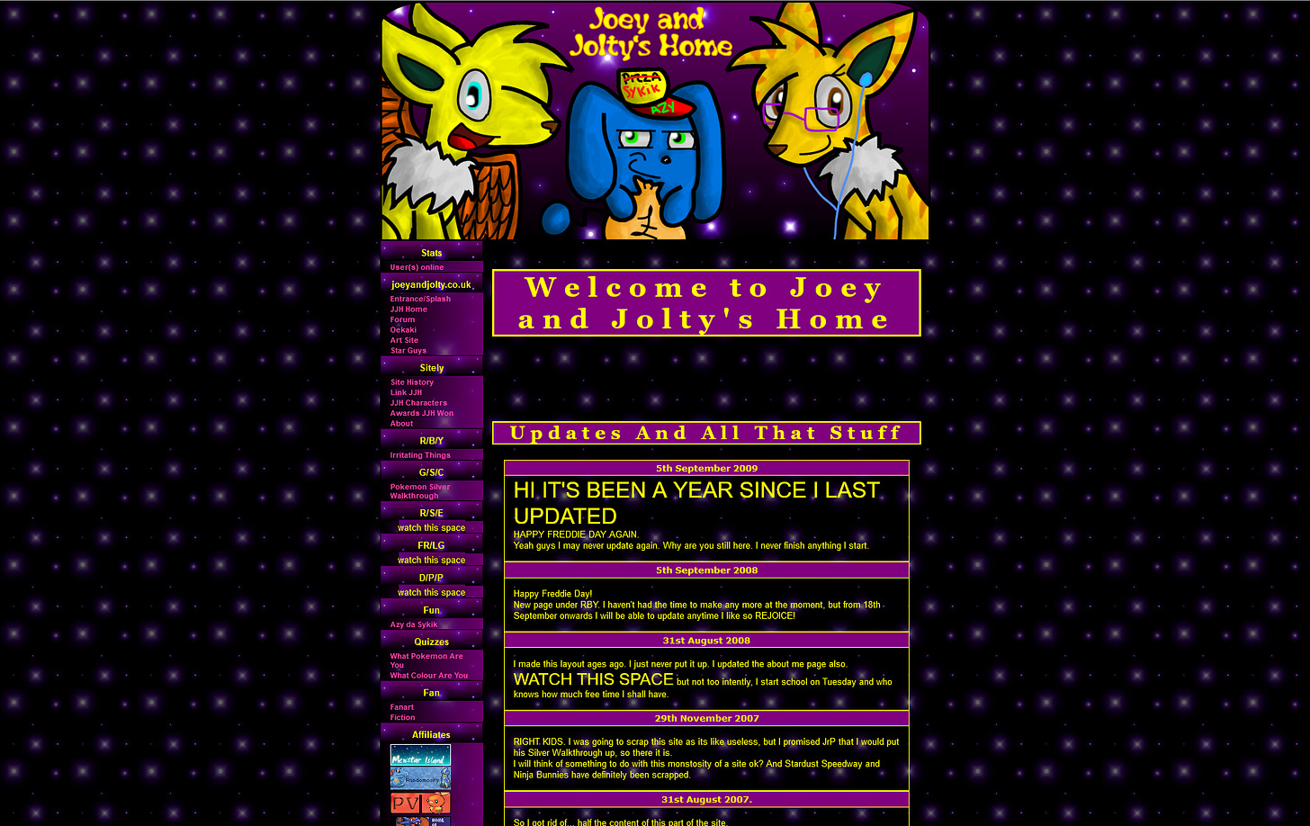 Joey & Jolty's Home website layout from September 2009