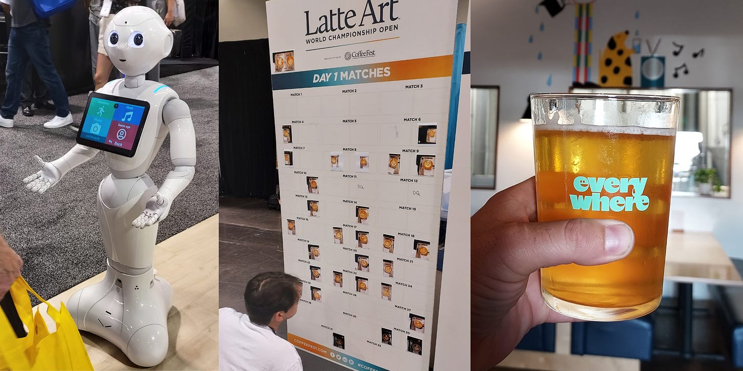 Three photos. From Left: A humanoid looking robot waiter takes an order on its chest tablet screen. Center: The Latte Art World Championship Open bracket. Right: A close up of A pint of beer at with the Everywhere Beer Company bar in the background.