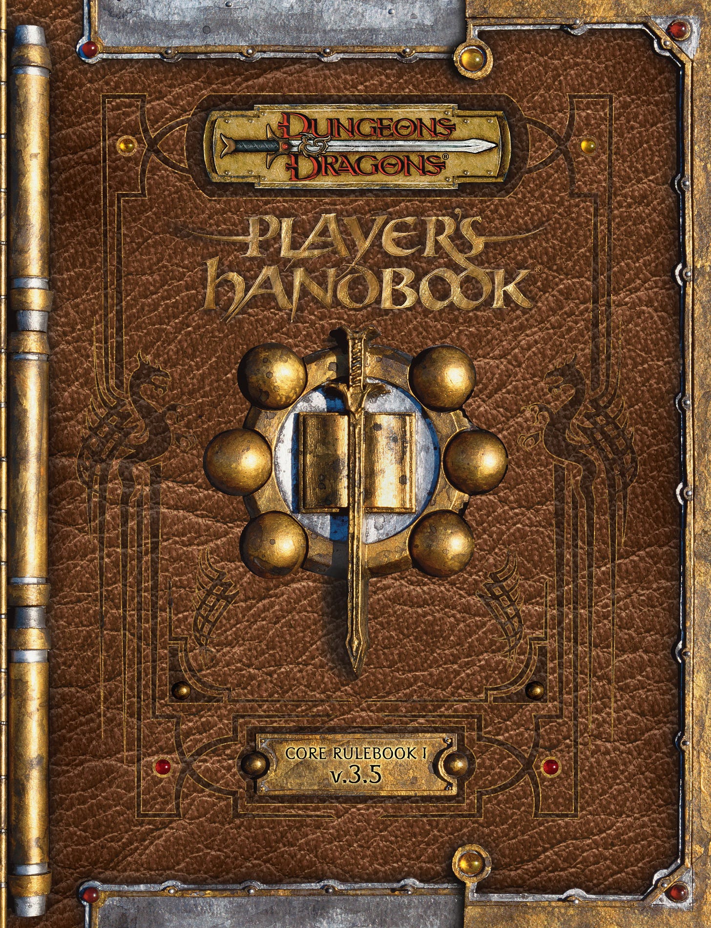 A cover of a book designed to appear old and of wrinkled brown leather. It reads "Dungeons & Dragons: Player's Handbook" and lower down "Core Rulebook v 3.5." The center has a gold emblem of a sword running down the middle of an open book, within a circle.