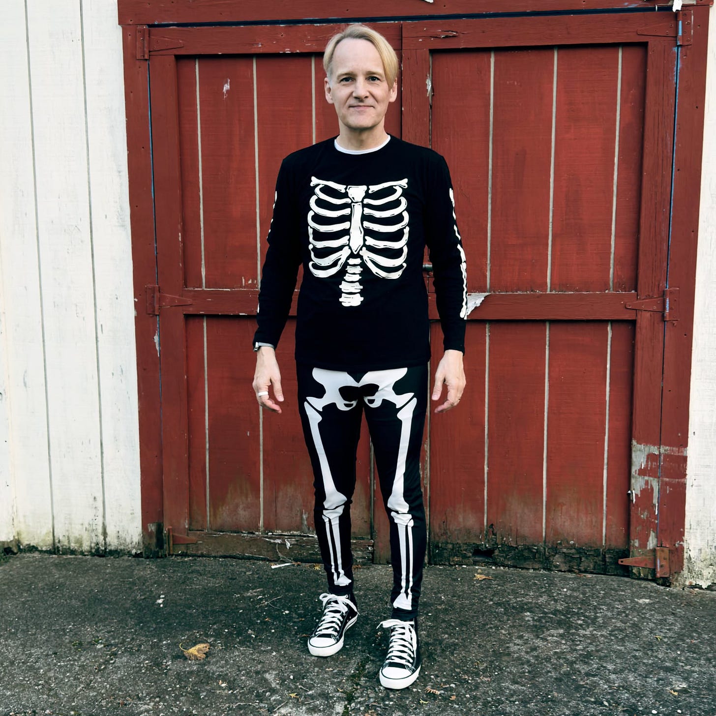 a photo of my wearing a skeleton Halloween costume