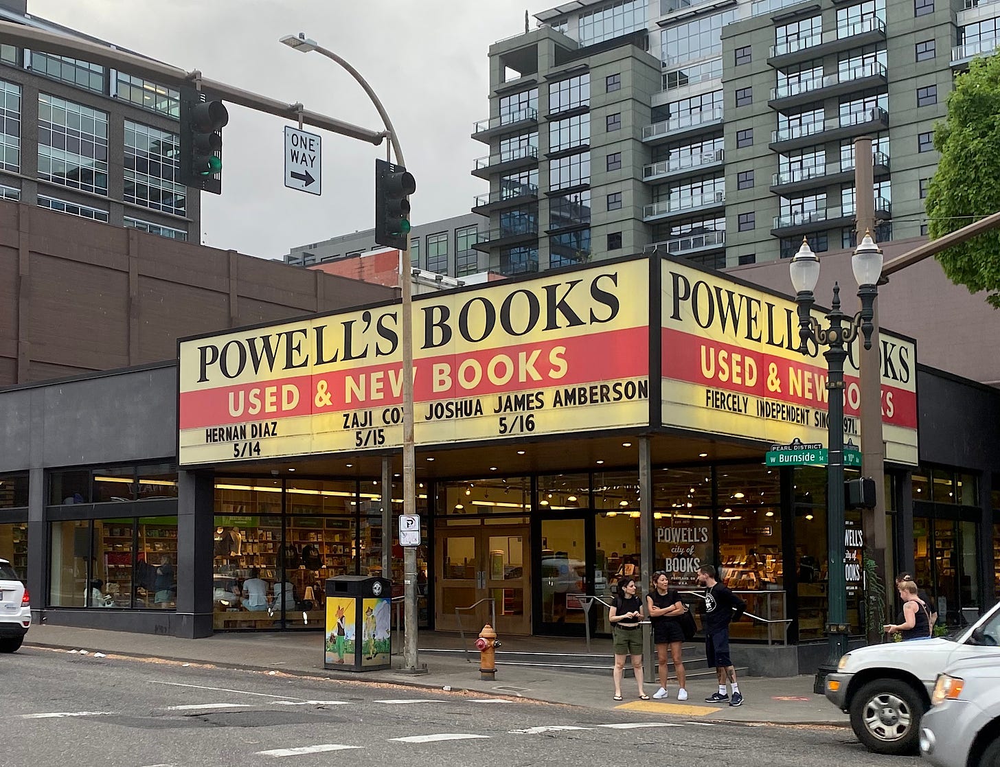 The Powell's Books reader board in Portland, Oregon, with my name on it (alongside the great Zaji Cox and Herman Diaz)