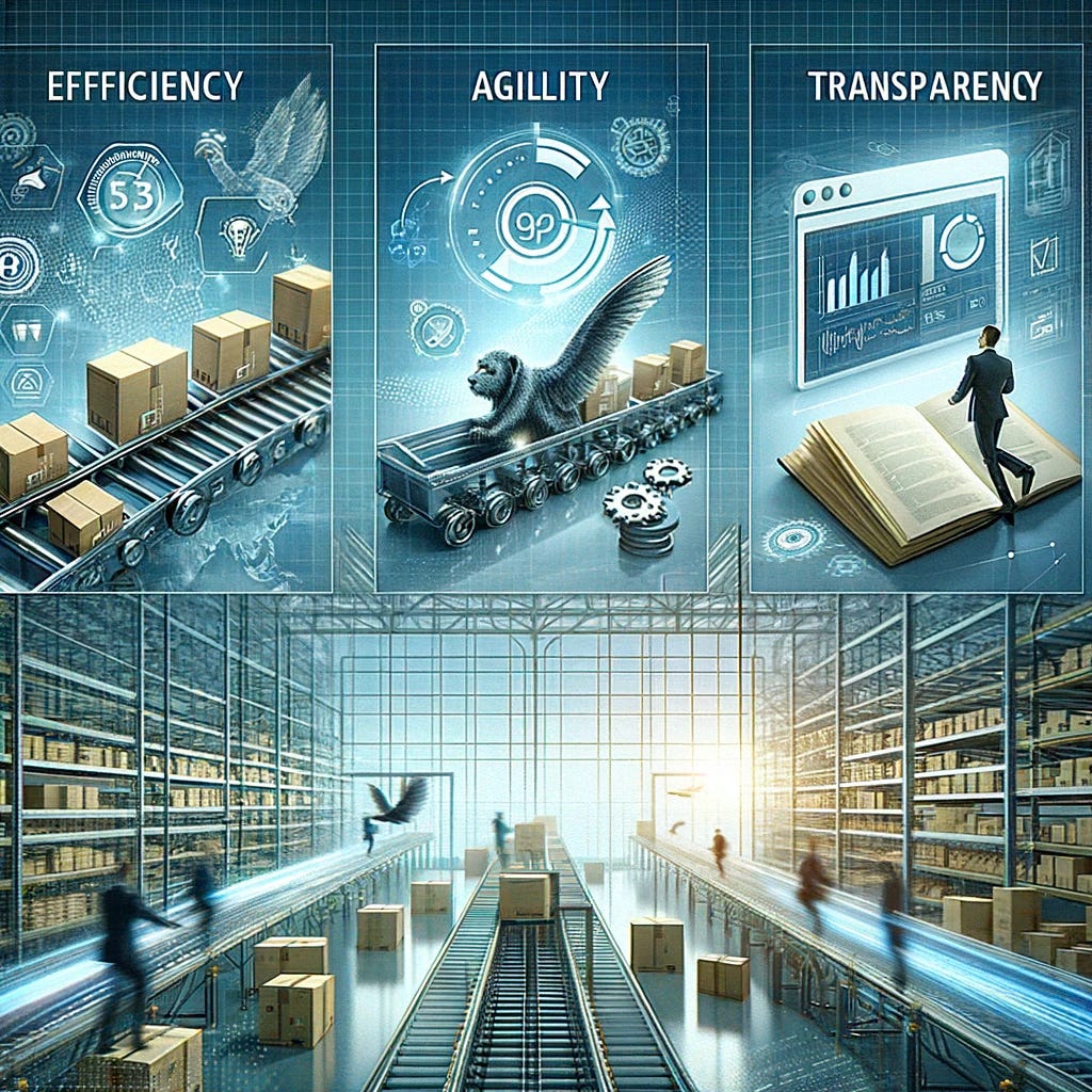 Create an image that visually represents the concepts of efficiency, agility, and transparency within a business or supply chain context. The image should depict: 1. Efficiency: A streamlined process or system, possibly illustrated by a conveyor belt moving products smoothly or a simplified workflow diagram. 2. Agility: Quick decision-making and adaptability, symbolized by a dashboard displaying real-time data or a person swiftly navigating through a complex network. 3. Transparency: Open communication and data sharing, shown through an open book or a clear glass wall revealing the inner workings of a process to customers. Combine these elements to convey a modern, efficient, and customer-focused business environment, emphasizing the importance of these three principles in achieving operational excellence.