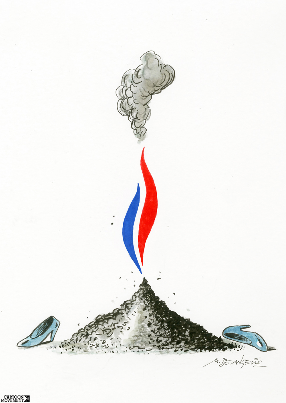 Cartoon showing two high-heeled shoes lying net to a pil of ashes, with a flame in the shape of the RN logo above it.