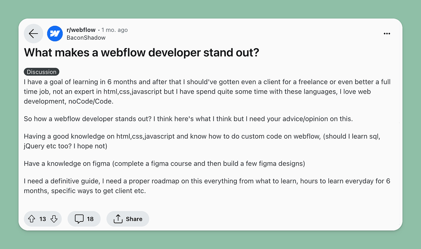 Screenshot from the Webflow subreddit with the question: 'What makes a webflow developer stand out?'