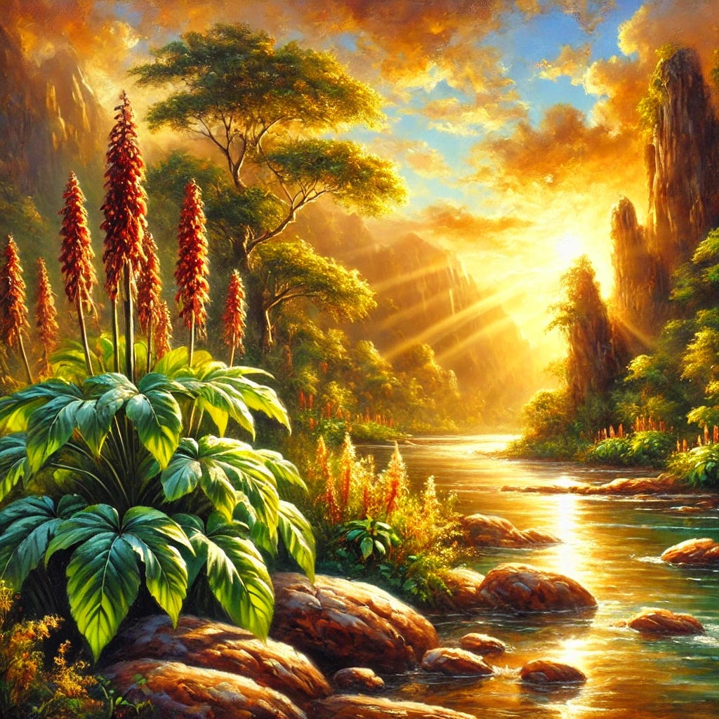 A stunning oil painting with expressive brushstrokes and rich, bold colors. The scene depicts a serene natural landscape that symbolizes hormonal balance and wellness. There are vibrant and lush wild yam plants, their leaves catching warm sunlight. A clear river flows gently through the scene, reflecting the soft glow of a radiant sunset, symbolizing peace and vitality. The rocky formations subtly resemble strong, healthy bones, emphasizing well-being. The warm golden and earthy hues create an inviting and harmonious atmosphere. The style should be true to traditional oil painting, with a sense of texture and depth in every stroke.