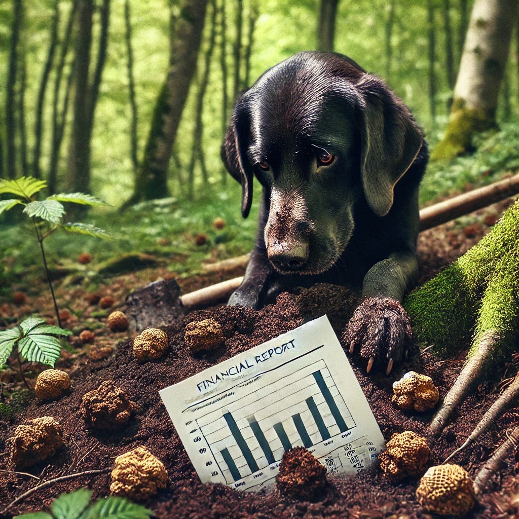 A truffle hound in a dense forest, digging up the ground. Instead of finding truffles, the hound uncovers a partially buried financial report with charts and graphs peeking out from the soil. The scene is filled with greenery and natural elements, with the financial report subtly integrated into the forest floor, making it look more hidden. The entire image has a soft lens effect, giving it a dreamy and slightly blurred appearance.