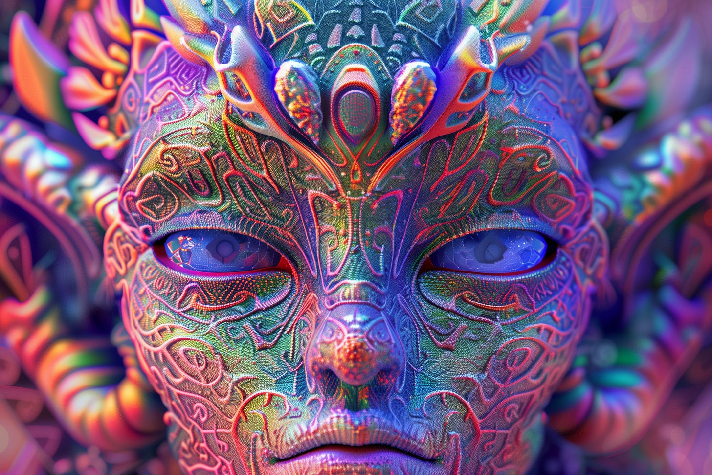 A colourful 3D psychedelic vision of a machine elf whose skin is patterned with alien writing