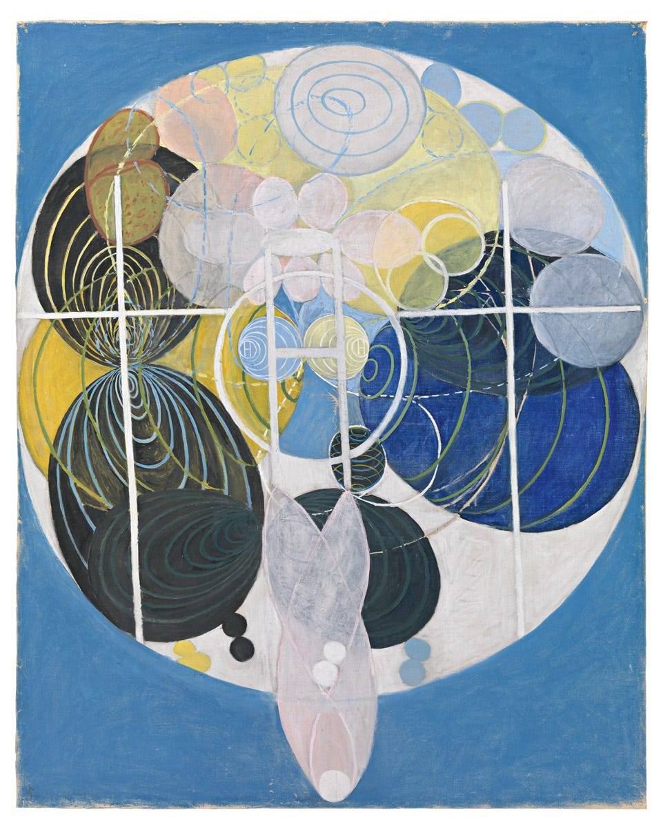 A painting of a large circle containing smaller circles, ovals, and lines overlapping one another in creams, grays, blues, and yellows. On medium-blue background.