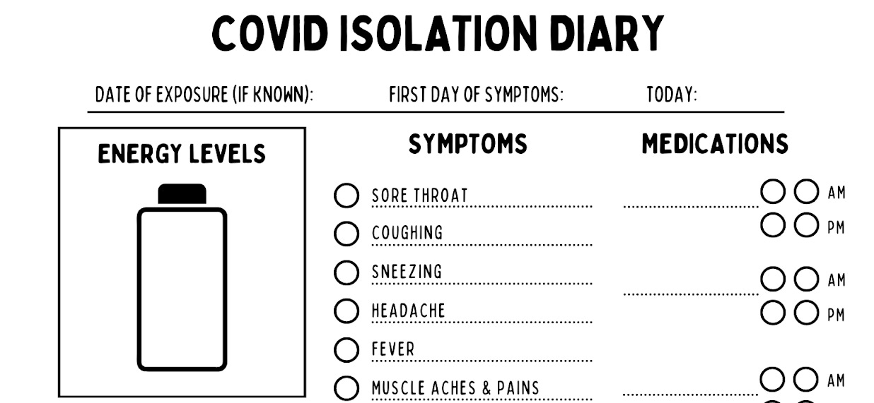 A snippet of a COVID isolation diary with various ways to flll in things like energy levels and symptoms and dates and times.