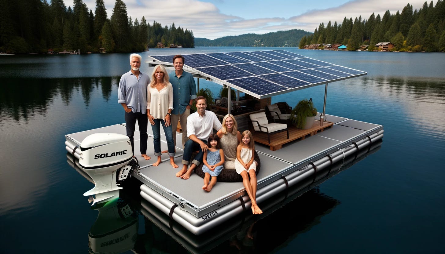 Photo of a serene Washington lake with a floating deck powered by solar panels. On the deck, there are three male adults in their 50s, each showcasing distinct features. Accompanying them is a blonde woman in her 30s, another black-haired woman in her 50s, and two young girls - one aged 4 and the other aged 2. The deck also has an electric outboard mounted on its rear, showcasing the modern touch of sustainable energy.
