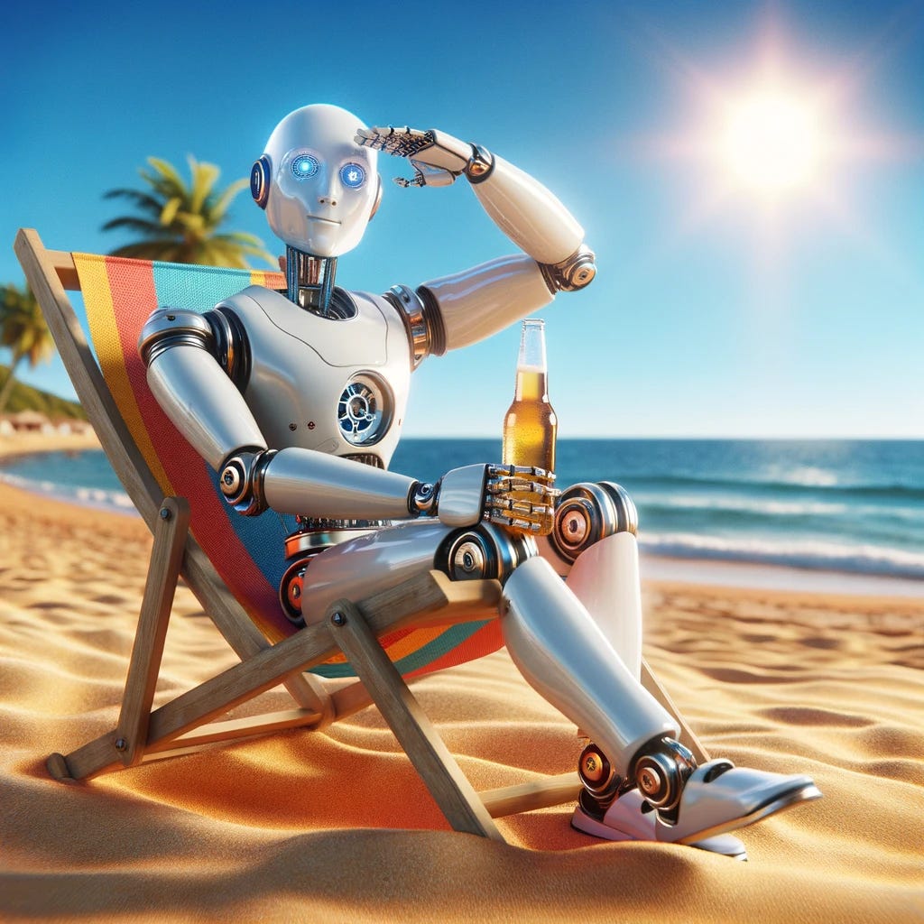 The image features a modern, humanoid robot reclining in a colorful sun chair on a picturesque beach. The robot, with a sleek metallic body reflecting the sun's rays, has a friendly demeanor and LED eyes that give a sense of expression. It's raising one arm in a friendly salute while holding a clear beer bottle. The beach setting includes fine golden sand, a clear blue sky, and a gentle sea in the background, with palm trees at the edges, adding to the tropical ambiance.
