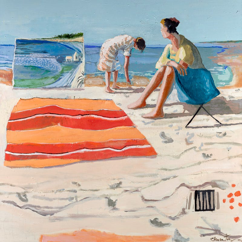 A painting of people on a beach

Description automatically generated
