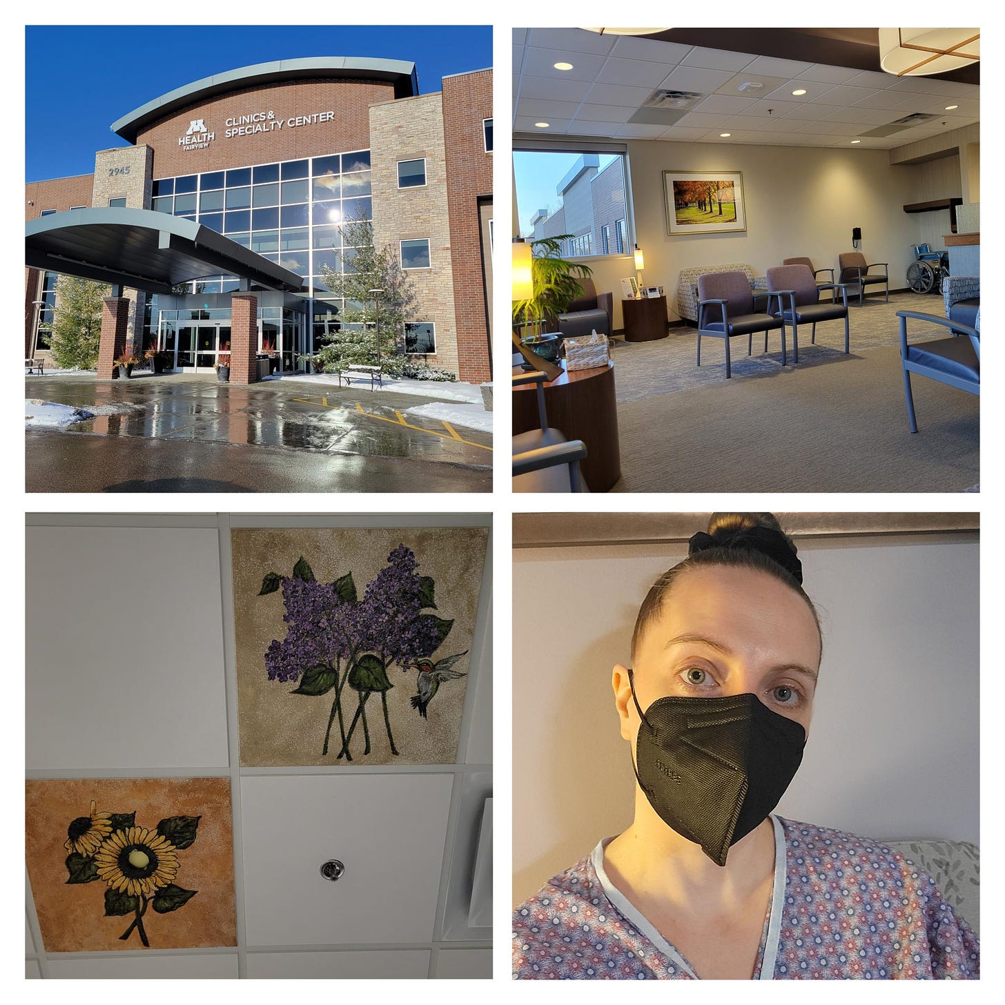 A four photo collage of the front of the imaging center, the waiting room, the ceiling of the ultrasound room that has paintings of flowers, and a selfie of a tired pale person with their hair up in a bun with a black scrunchy, a black mask on their face, and a hospital gown partially visible.