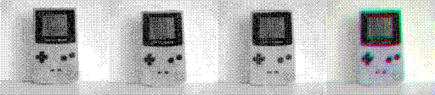 Photographs taken on a Game Boy Camera with a Red, Green and Blue lens in normal light, with all three combined to deliver the final result on the far right (Photo credit: Johto Times)