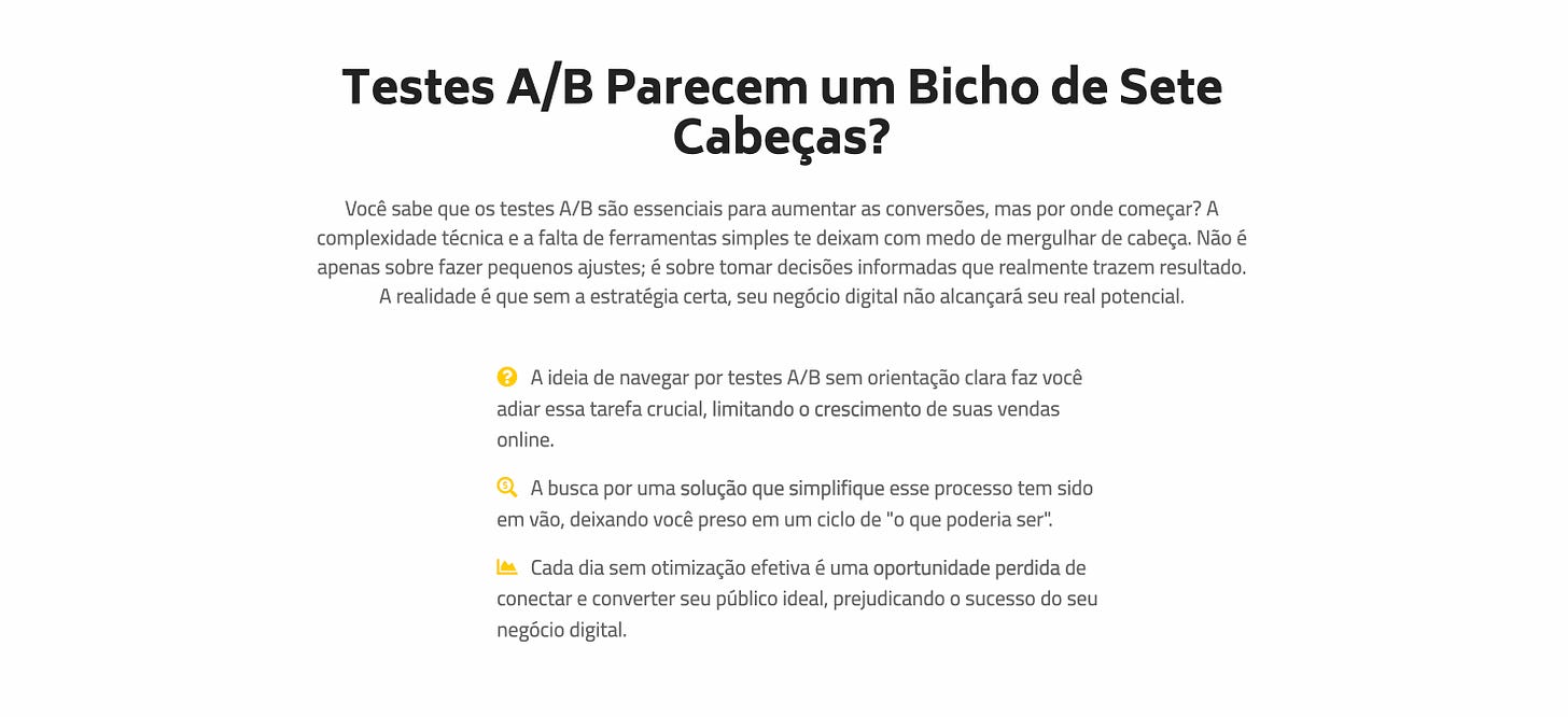 Exemplo de dor sendo abordada na landing page do AbeeTest.ai