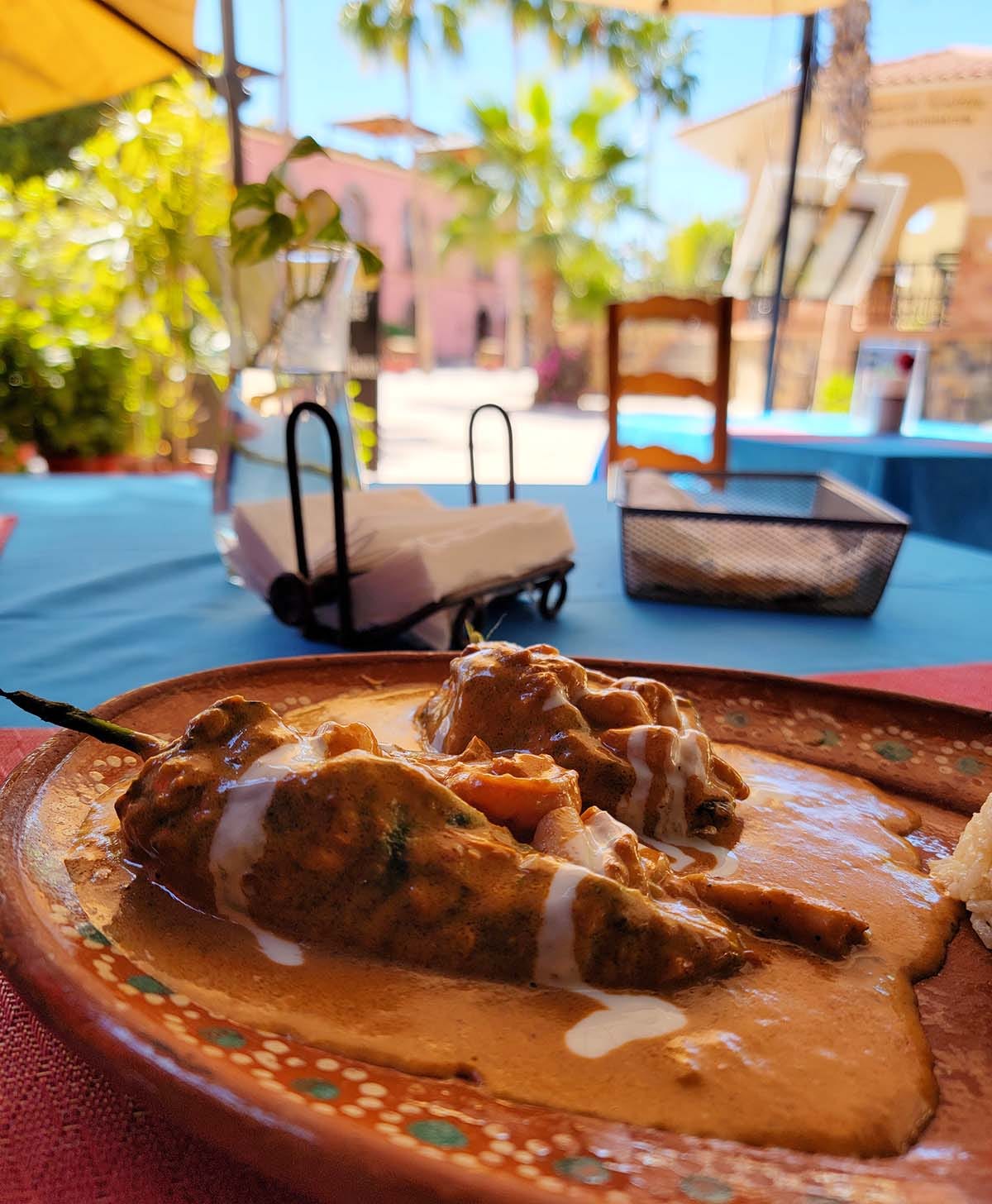chiles stuffed with seafood on a plate in Loreto, Mexico. 