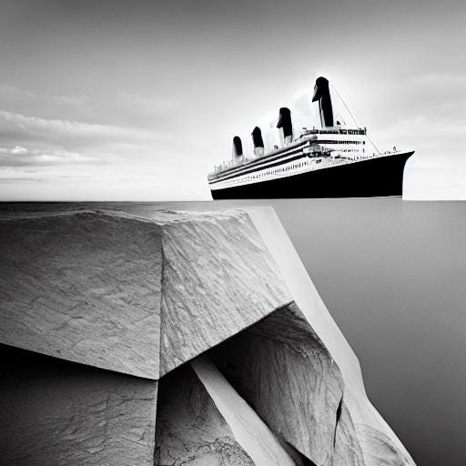 black and white AI image of titanic and iceberg