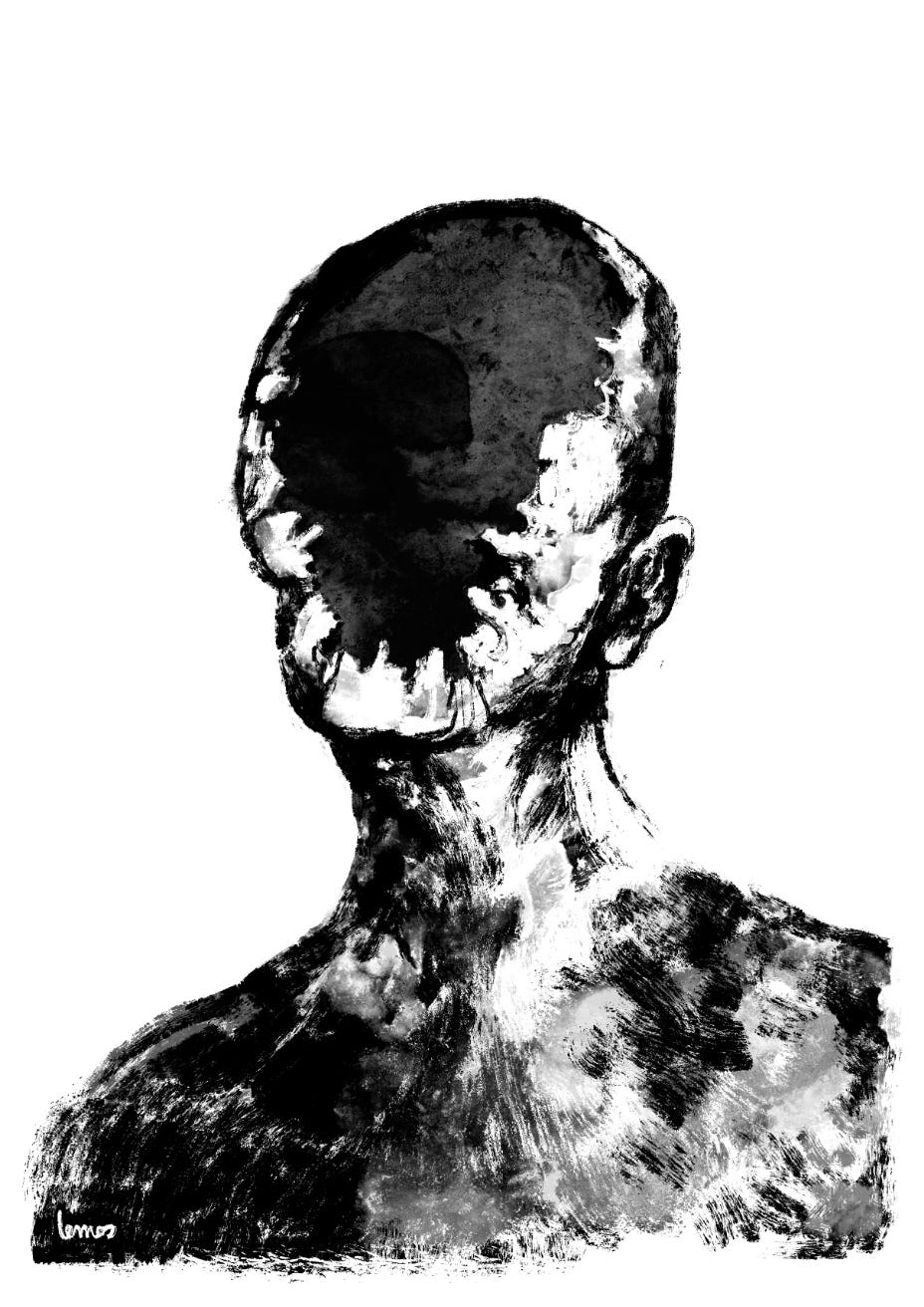 Black and white drawing of a faceless person