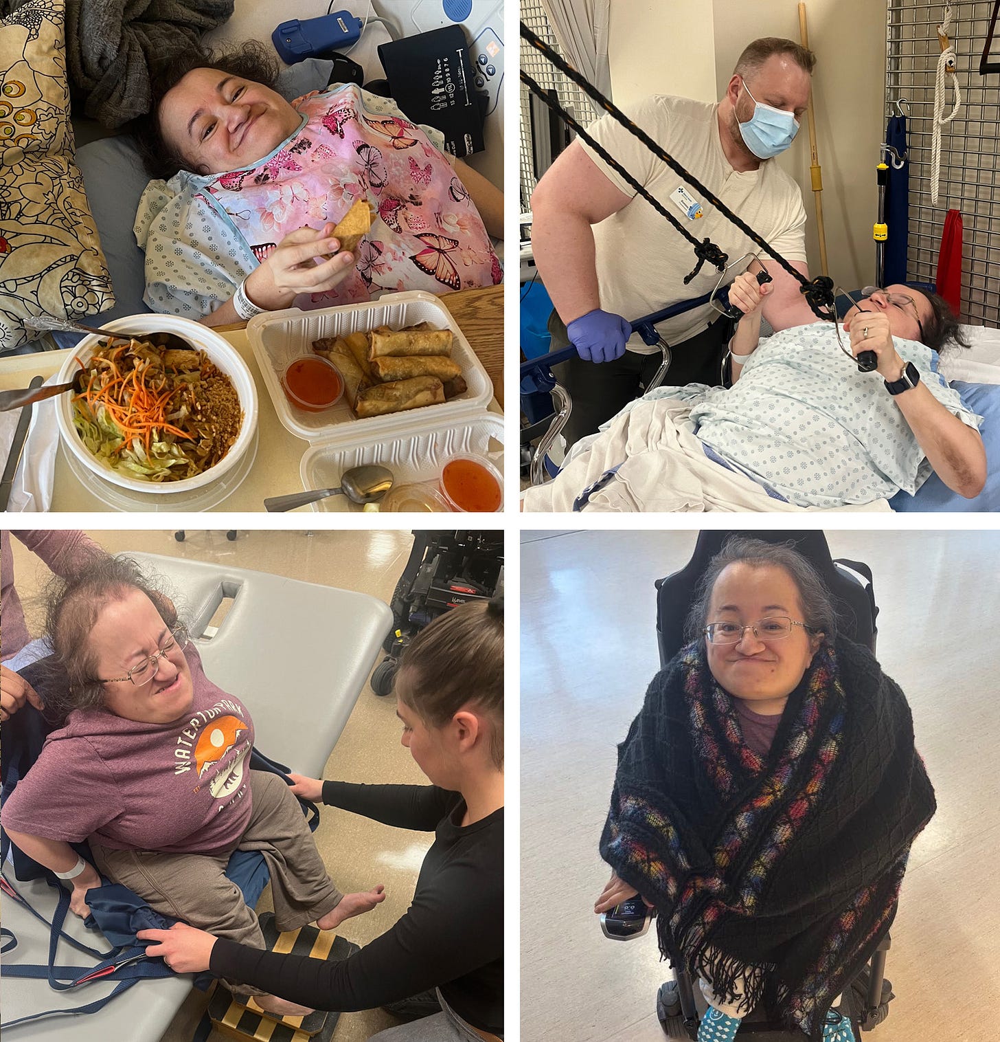 Collage of four photos showing the stages of Athena's rehab and recovery from bed bound to exercising to sitting in her power wheelchair.