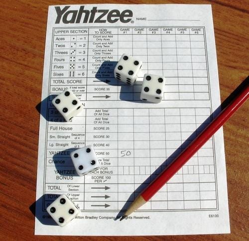 picture of a Yahtzee scorecard, a pencil, and five dice that are all the same