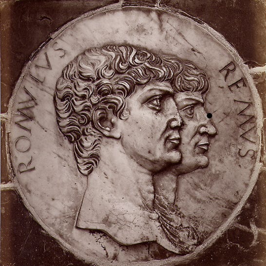 Depiction of two men facing right