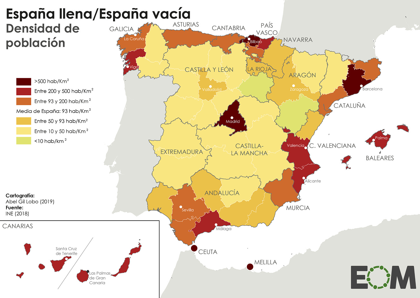 Las dos caras de la densidad de población en España - Mapas de El Orden  Mundial - EOM