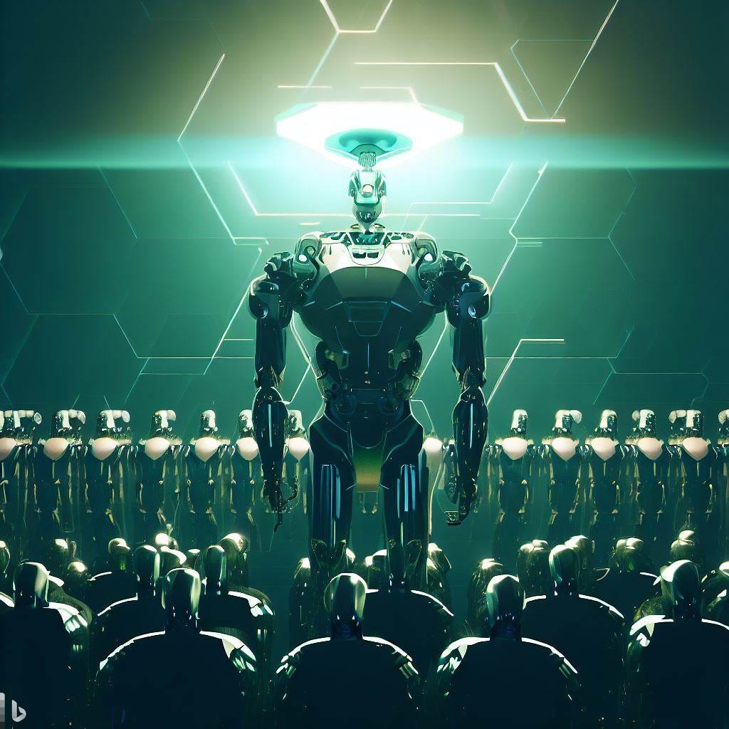 a photorealistic image of a cyberpunk world where one really smart AI model towers over many androids with a hexagonal halo over its head. Make it in a slight green tint.