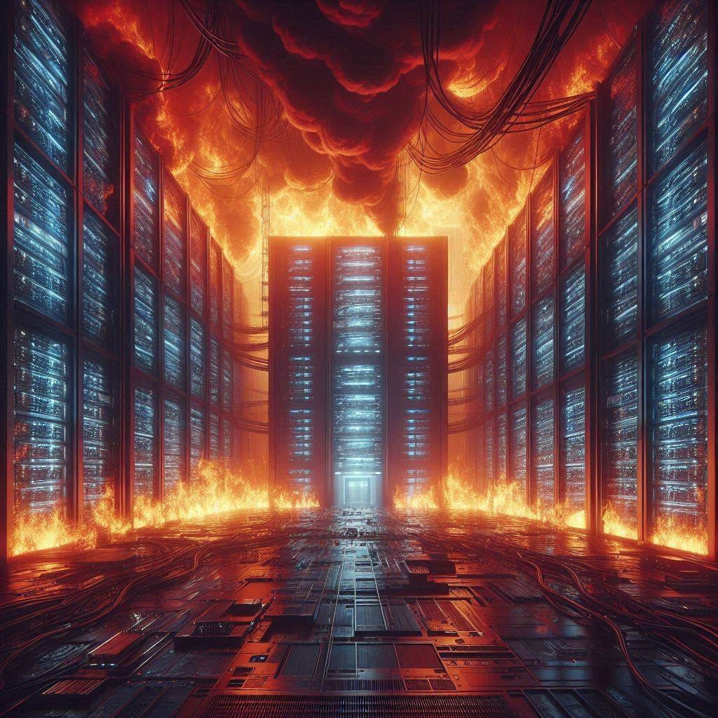 a datacenter surrounded by fire, cyberpunk