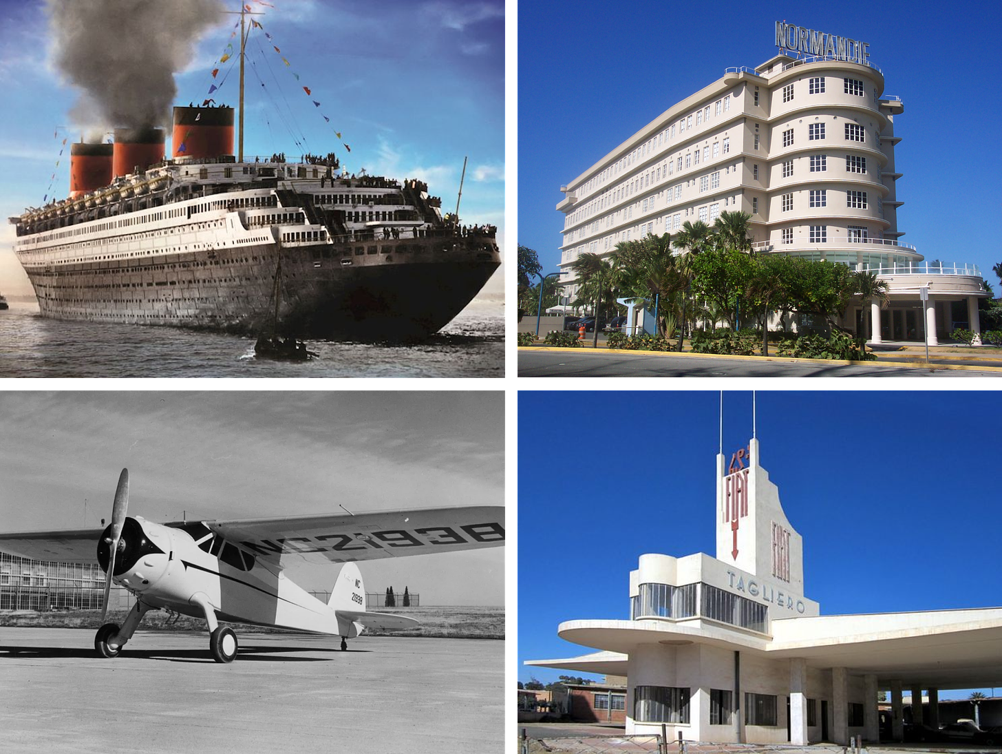 Top: (Left) the S.S. Normandie ocean liner, (Right) the Normandie Hotel in San Juan, Puerto Rico; Bottom: (Left) a Cessna Airmaster photographed in the 1930s, (Right) the Fiat Tagliero Building in Asmara, Eritrea